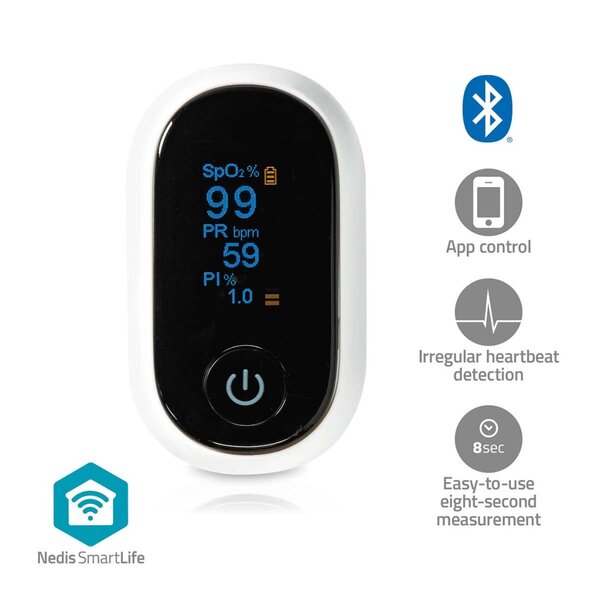 Nedis BTHOX10WT Smartlife Pulse Oximeter Bluetooth&reg; Oled-scherm Anti-bewegingsinterferentie / Auditief Alarm / Hoge Precisie Sensor / Perfusie-index / Polsslag / Zuurstofverzadiging (spo2) Wit