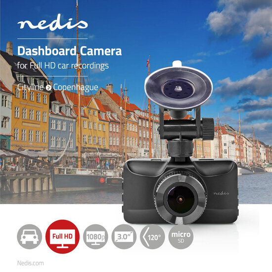 Nedis DCAM15BK Dashcam Full Hd 1080 P 1 Ch 3,0 Inch Kijkhoek Van 120&deg; Metalen Behuizing