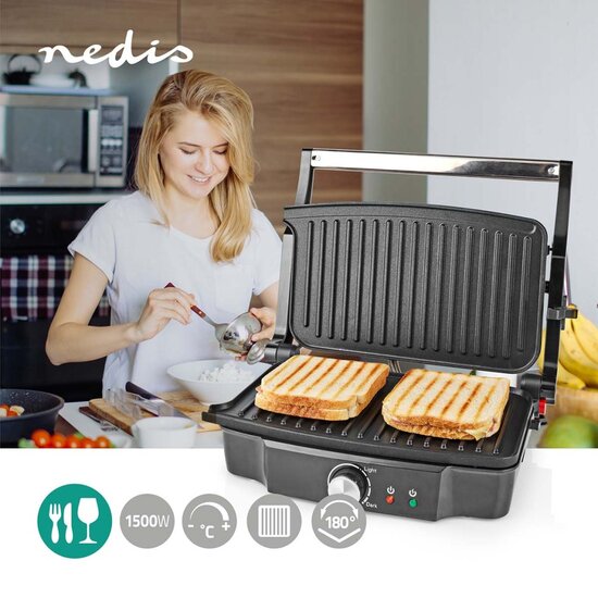 Nedis KAGR131FSR Contact Grill 1500 W 27.8 X 17 Cm Regelbare Temperatuur Kunststof / Roestvrij Staal