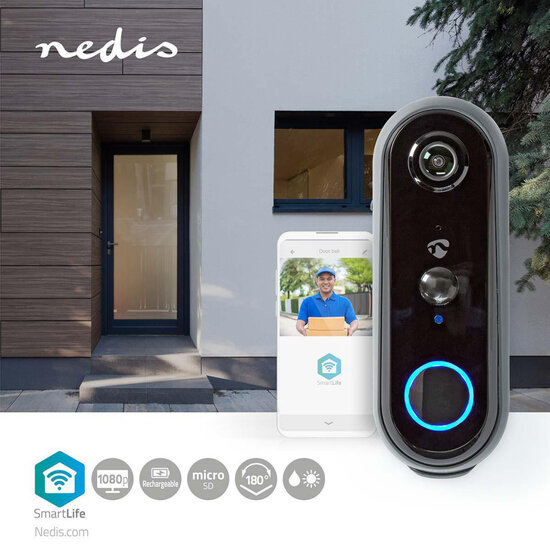 Nedis WIFICDP20GY Smartlife Videodeurbel Wi-fi Batterij Gevoed Android&trade; &amp; Ios Full Hd 1080p Cloud / Microsd Ip54 Met Bewegingssensor Nachtzicht Grijs/zwart