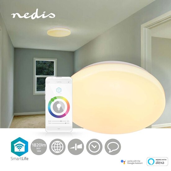 Nedis WIFILAW11WT Smartlife Plafondlamp Wi-fi Rgb / Warm Tot Koel Wit Rond Diameter: 260 Mm 1820 Lm 3000 - 6500 K Ip20 Energieklasse: F Android&trade; / Ios