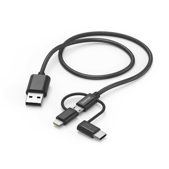 Hama 3in1 Multi-oplaadkabel USB-A - Micro-USB USB-C En Lightning 1,5 M Zwart