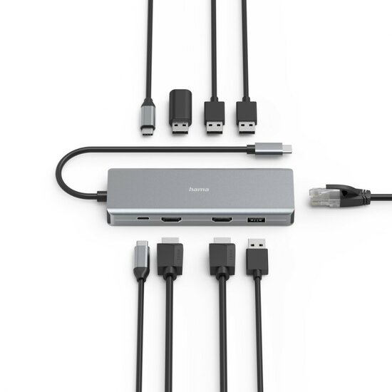 Hama USB C HUB 9-Poorts 2x HDMI USB A USB C LAN Antraciet